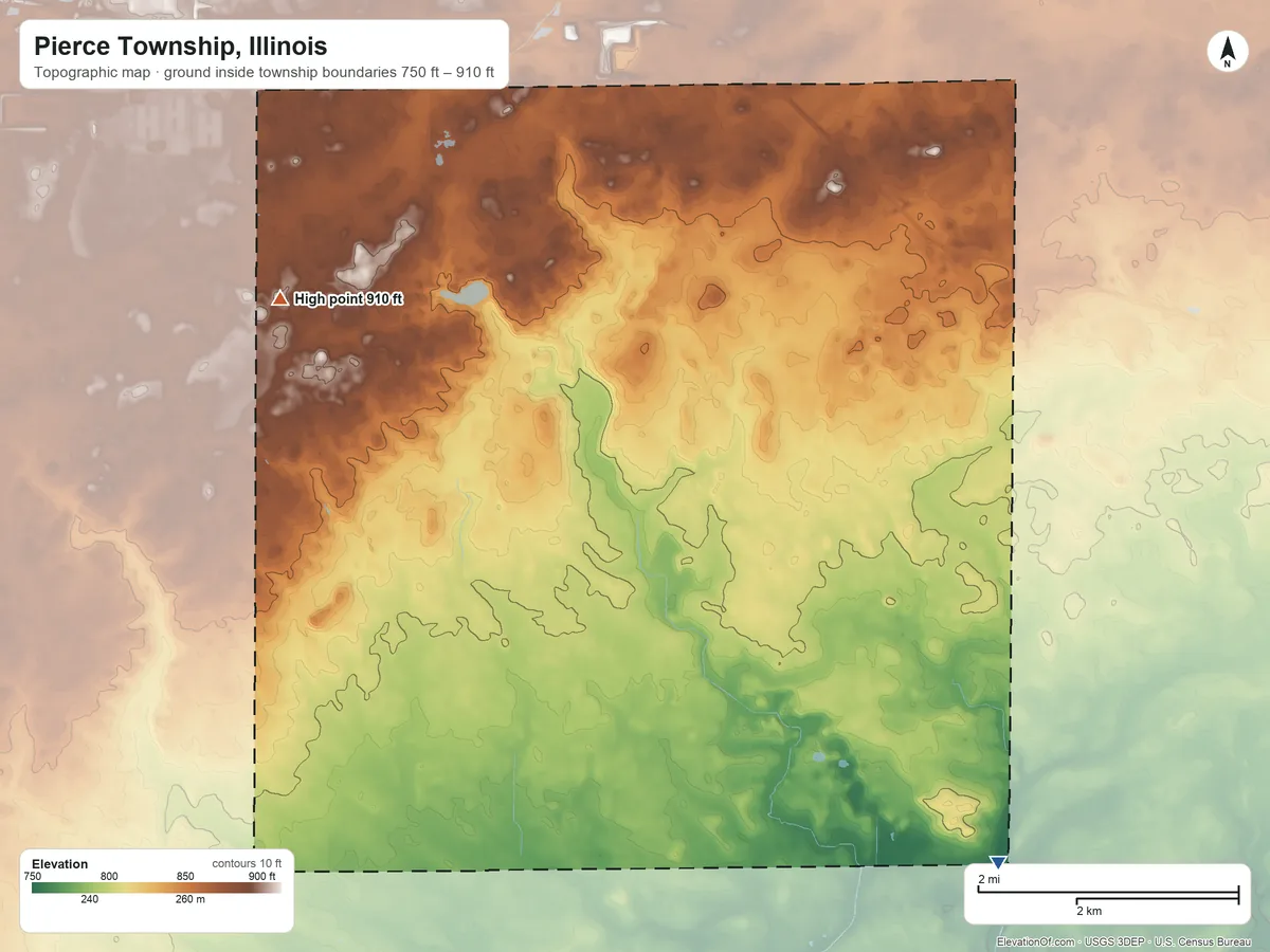 Topographic elevation map of Pierce Township, Illinois, shaded from 750 ft on the southeast side to 910 ft on the west side