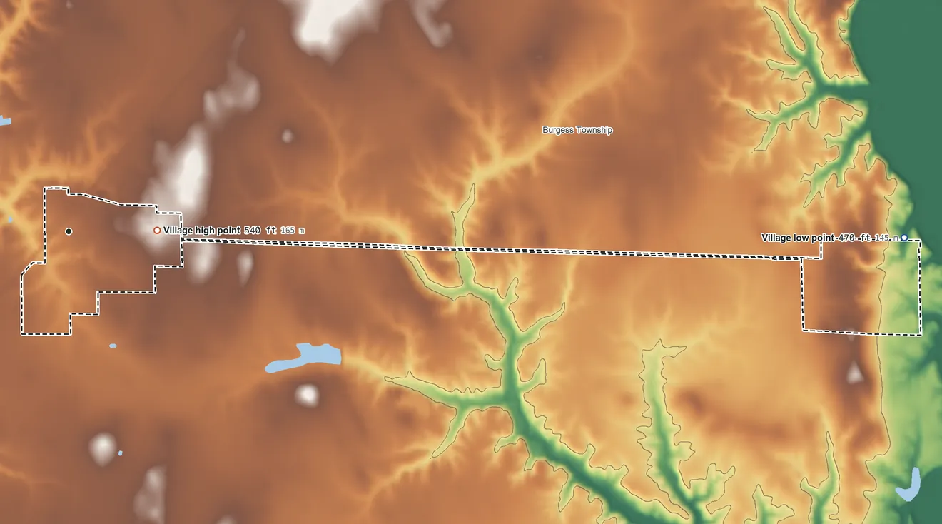 Topographic elevation map of Pierron, Illinois, shaded from 470 ft on the east side to 540 ft near the middle