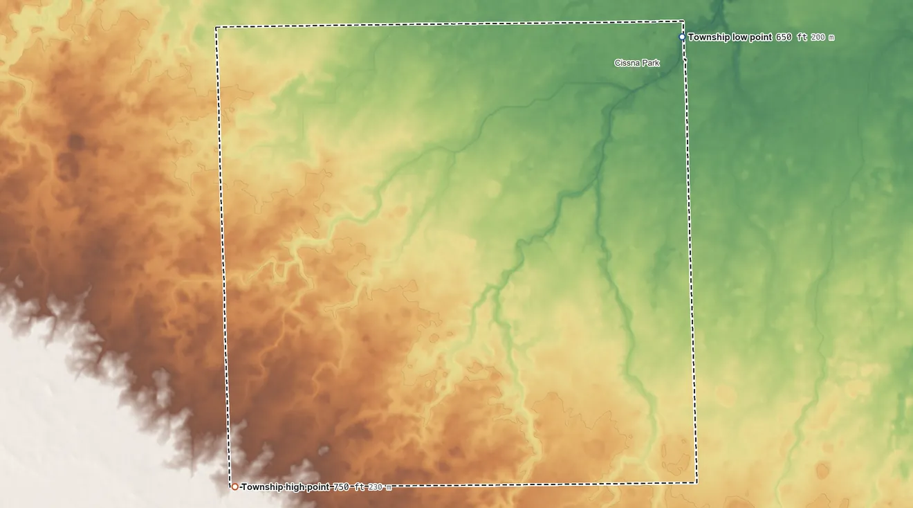 Topographic elevation map of Pigeon Grove Township, Illinois, shaded from 650 ft on the northeast side to 750 ft on the southwest side