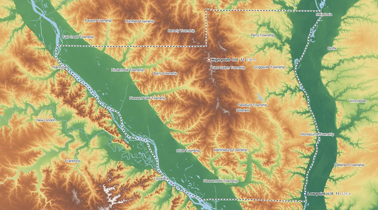 Topographic elevation map of Pike County, Illinois, shaded from 420 ft on the southeast side to 880 ft on the northeast side