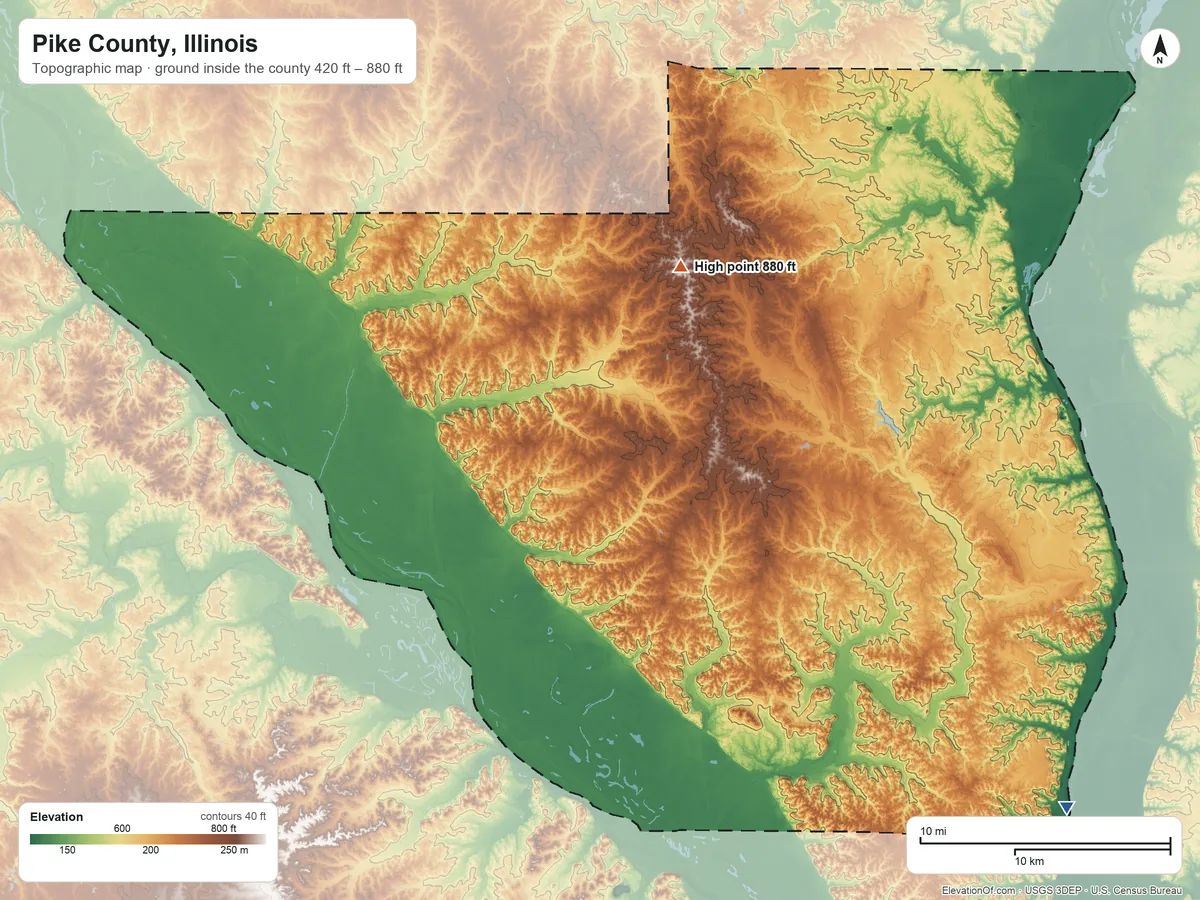 Topographic elevation map of Pike County, Illinois, shaded from 420 ft on the southeast side to 880 ft on the northeast side