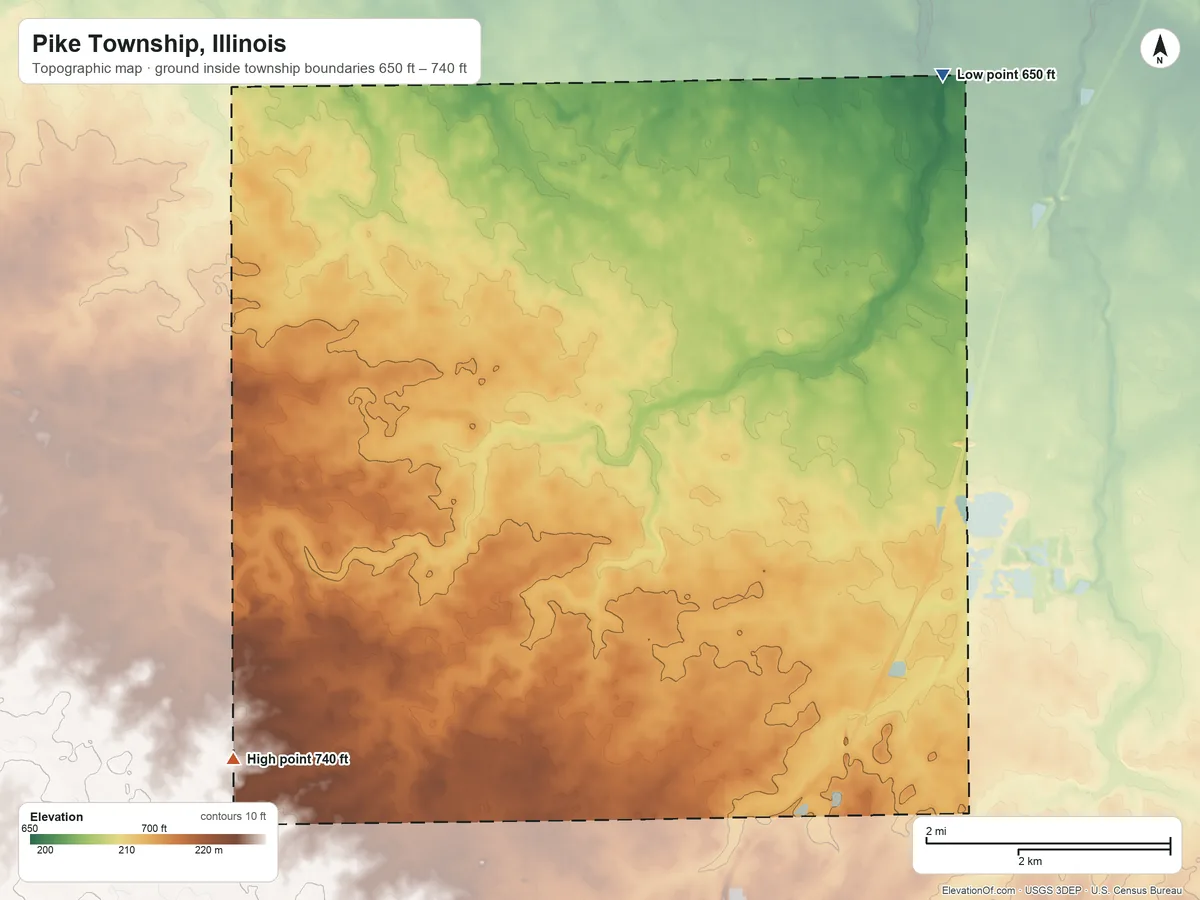 Topographic elevation map of Pike Township, Illinois, shaded from 650 ft on the northeast side to 740 ft on the southwest side