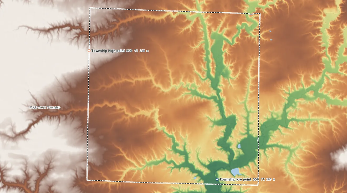Topographic elevation map of Pilot Grove Township, Illinois, shaded from 550 ft on the southeast side to 690 ft on the northwest side