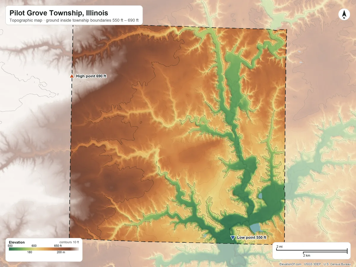 Topographic elevation map of Pilot Grove Township, Illinois, shaded from 550 ft on the southeast side to 690 ft on the northwest side
