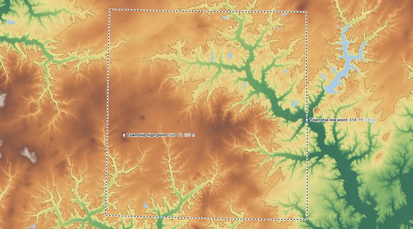 Topographic elevation map of Pilot Knob Township, Illinois, shaded from 450 ft on the east side to 560 ft on the west side