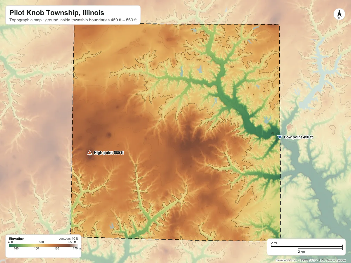 Topographic elevation map of Pilot Knob Township, Illinois, shaded from 450 ft on the east side to 560 ft on the west side