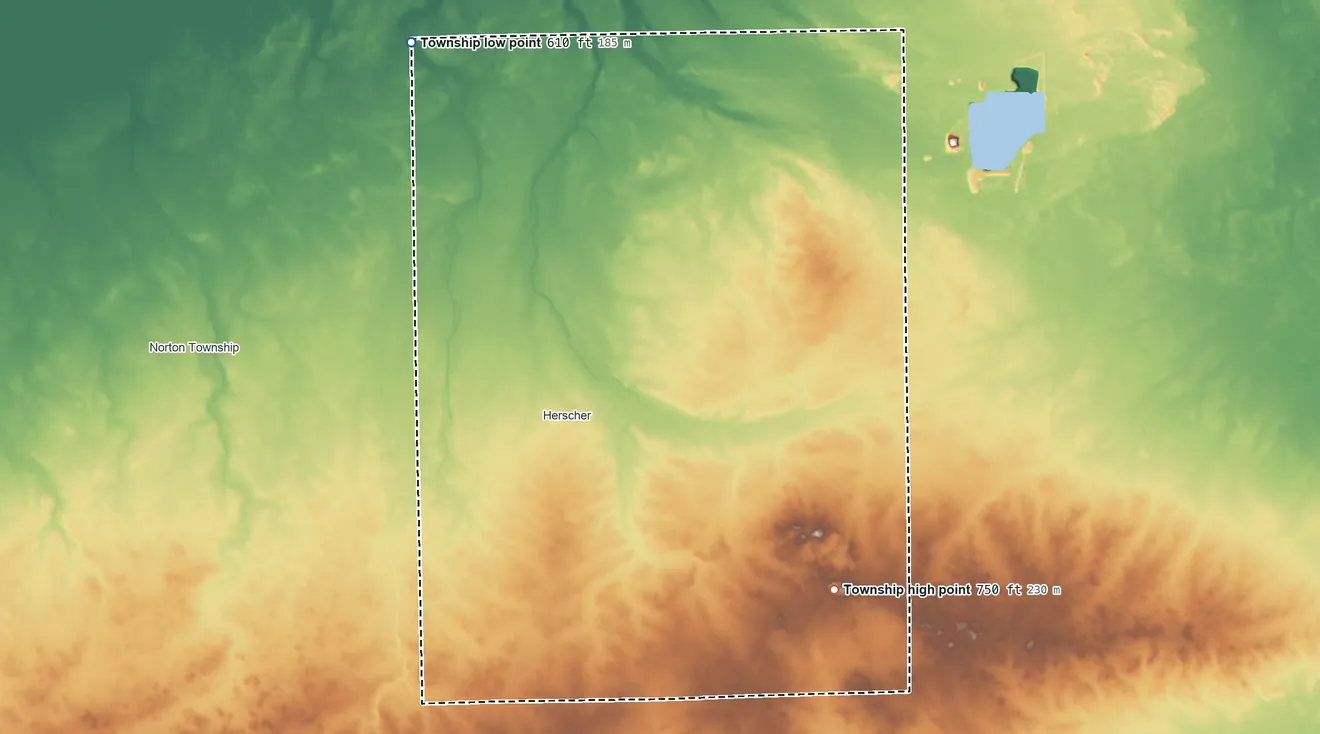 Topographic elevation map of Pilot Township, Illinois, shaded from 610 ft on the northwest side to 750 ft on the southeast side