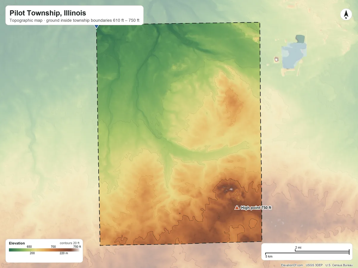 Topographic elevation map of Pilot Township, Illinois, shaded from 610 ft on the northwest side to 750 ft on the southeast side
