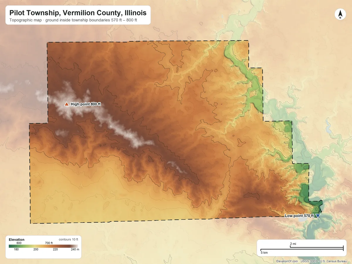 Topographic elevation map of Pilot Township, Vermilion County, Illinois, shaded from 570 ft on the southeast side to 800 ft on the west side