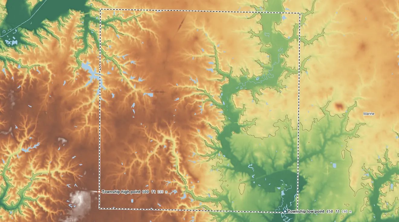 Topographic elevation map of Pin Oak Township, Illinois, shaded from 450 ft on the southeast side to 600 ft on the southwest side