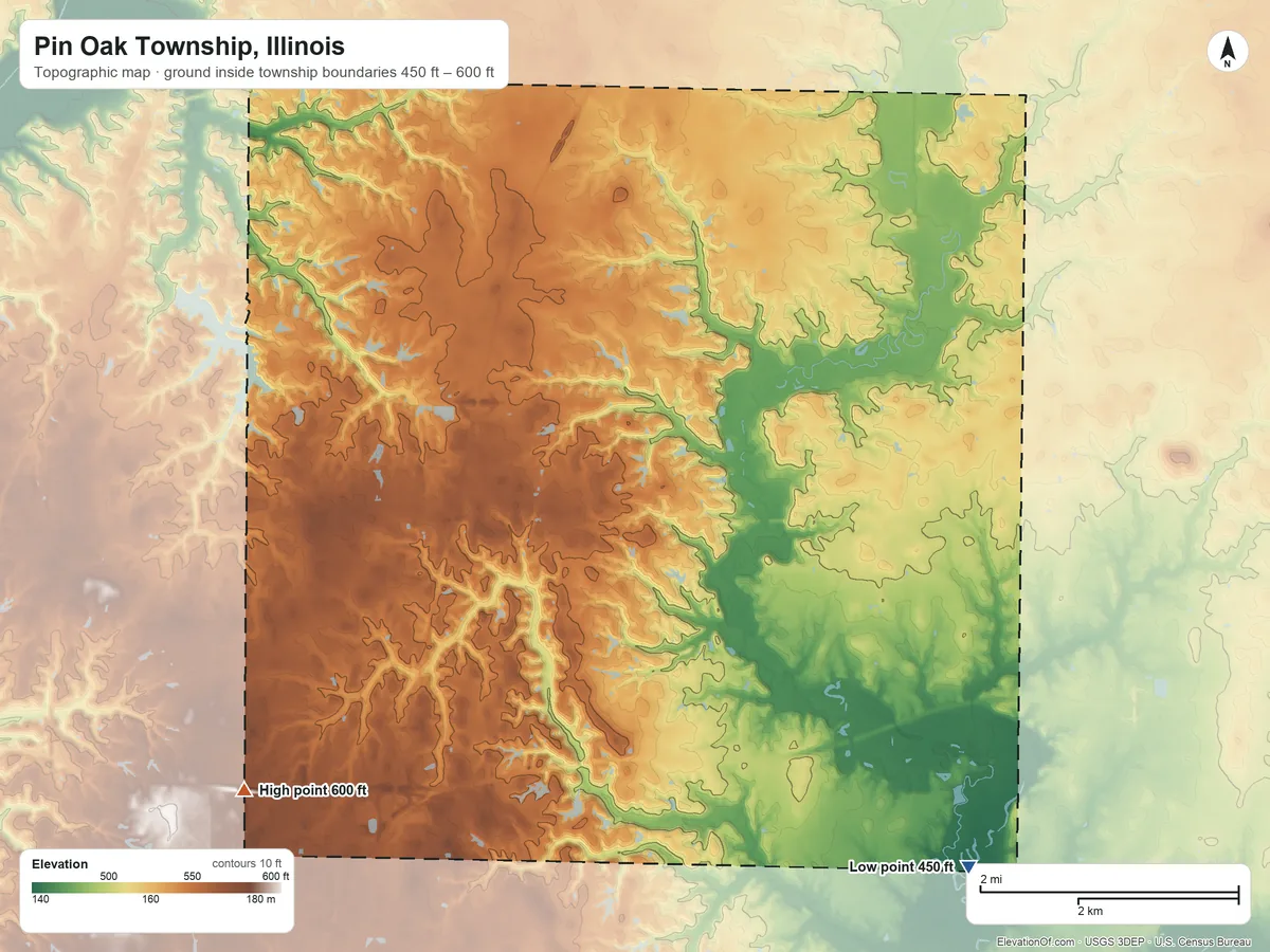 Topographic elevation map of Pin Oak Township, Illinois, shaded from 450 ft on the southeast side to 600 ft on the southwest side