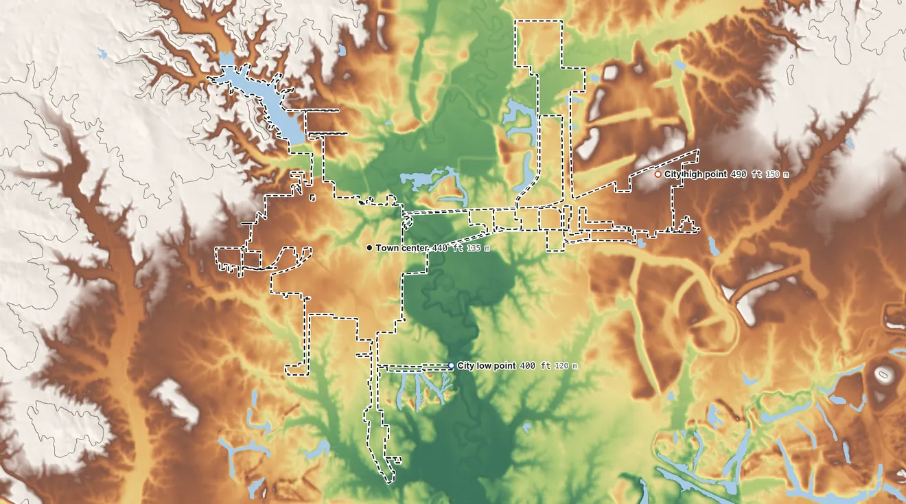 Topographic elevation map of Pinckneyville, Illinois, shaded from 400 ft on the southeast side to 490 ft on the east side