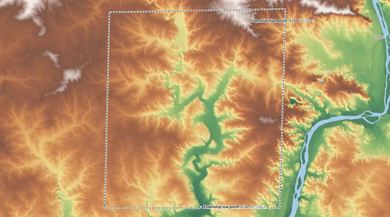 Topographic elevation map of Pine Creek Township, Illinois, shaded from 650 ft on the south side to 920 ft on the northeast side