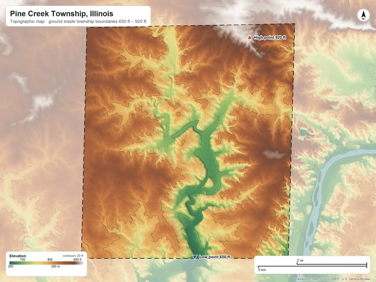 Topographic elevation map of Pine Creek Township, Illinois, shaded from 650 ft on the south side to 920 ft on the northeast side