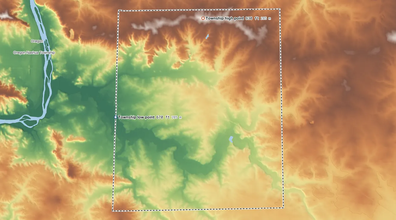 Topographic elevation map of Pine Rock Township, Illinois, shaded from 670 ft on the west side to 930 ft on the north side