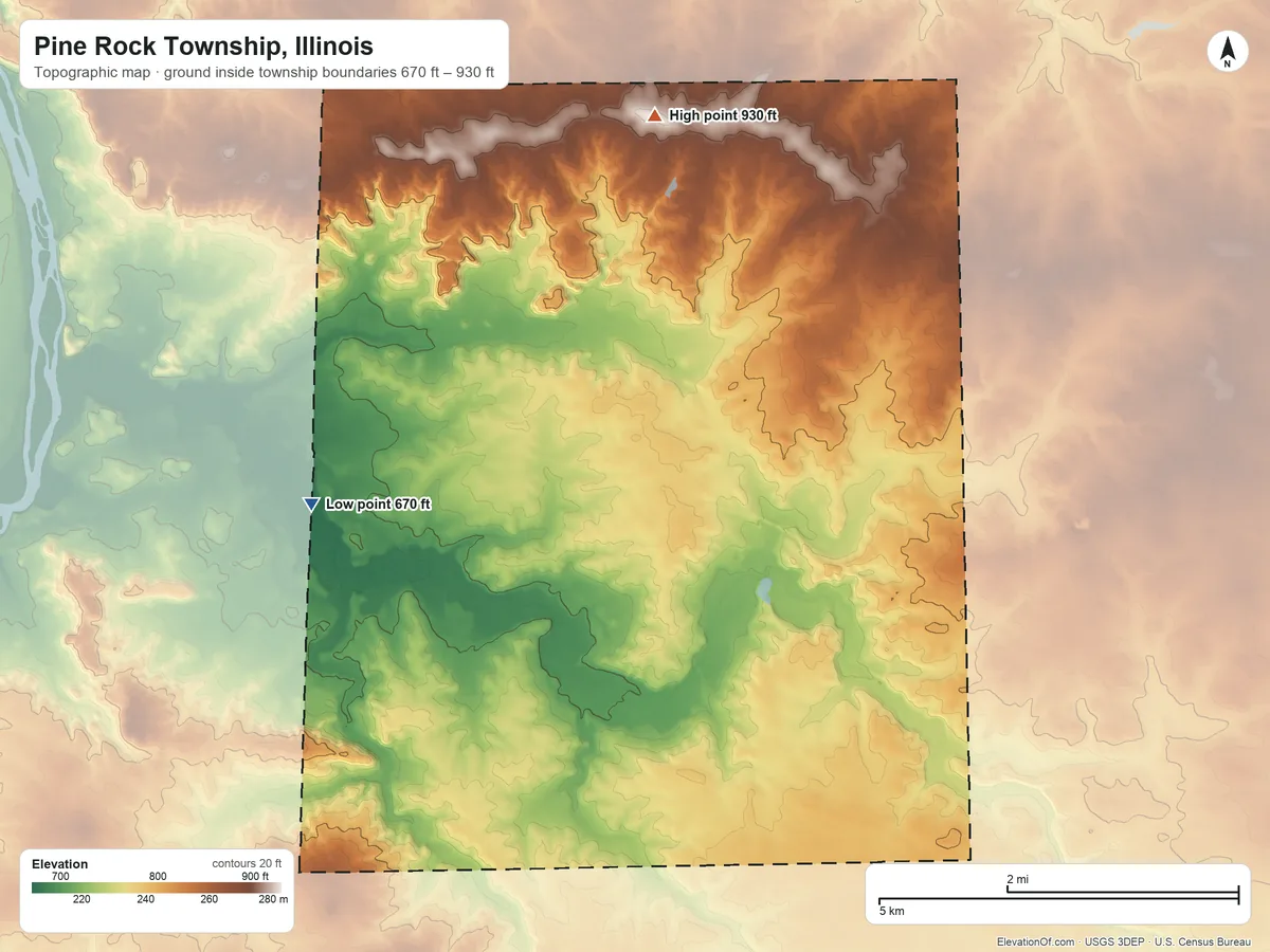 Topographic elevation map of Pine Rock Township, Illinois, shaded from 670 ft on the west side to 930 ft on the north side