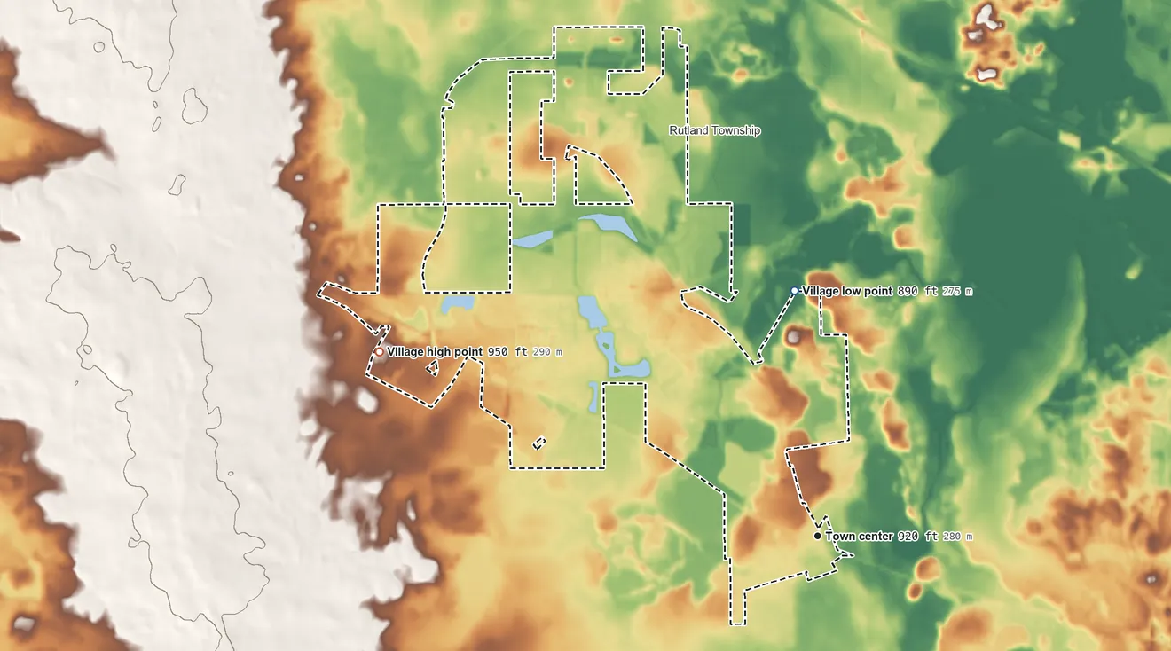 Topographic elevation map of Pingree Grove, Illinois, shaded from 890 ft on the north side to 950 ft on the northwest side