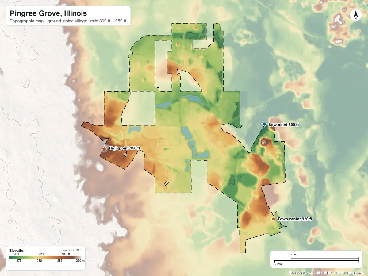 Topographic elevation map of Pingree Grove, Illinois, shaded from 890 ft on the north side to 950 ft on the northwest side