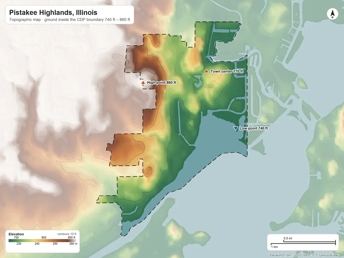 Topographic elevation map of Pistakee Highlands, Illinois, shaded from 740 ft on the southeast side to 860 ft on the west side