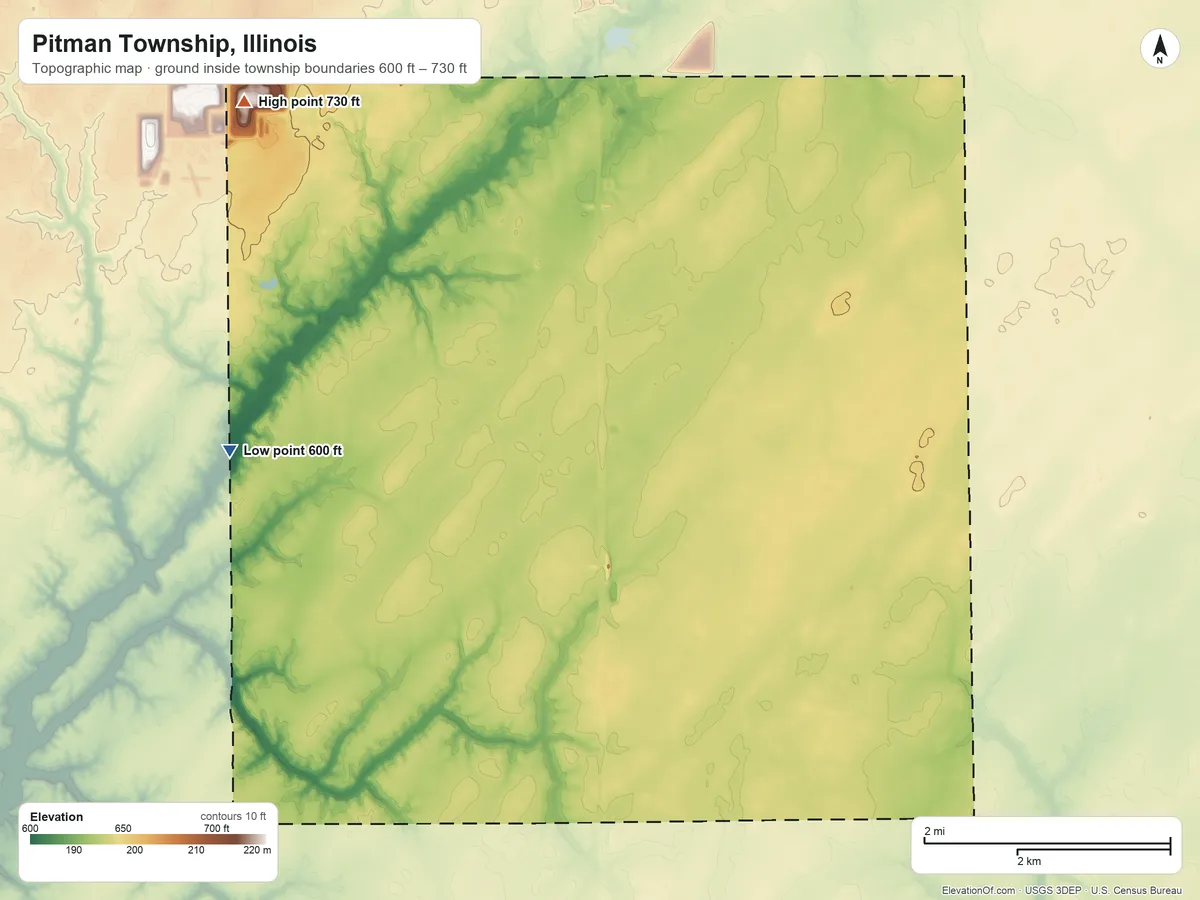 Topographic elevation map of Pitman Township, Illinois, shaded from 600 ft on the west side to 730 ft on the northwest side