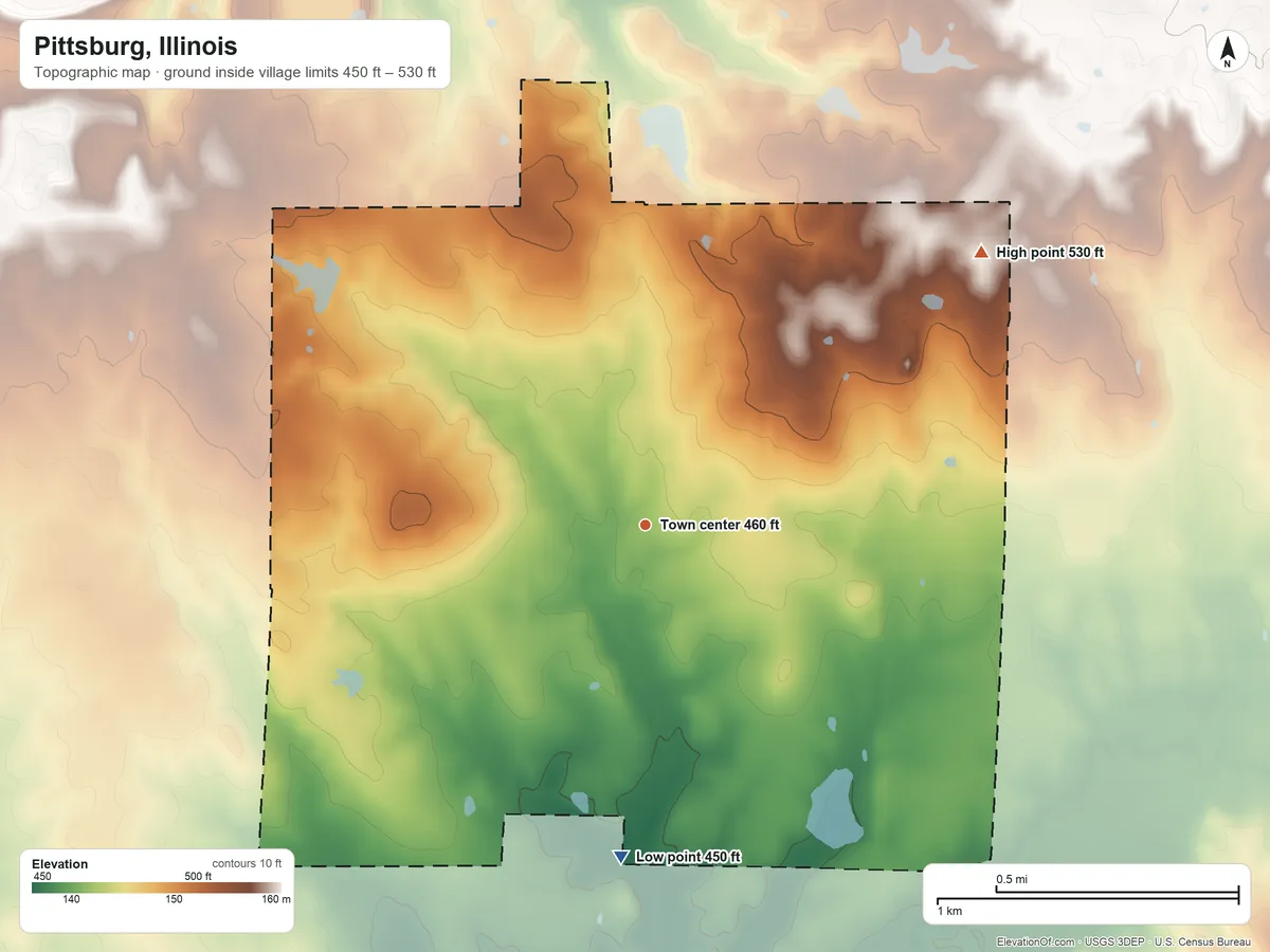 Topographic elevation map of Pittsburg, Illinois, shaded from 450 ft on the south side to 530 ft on the northeast side