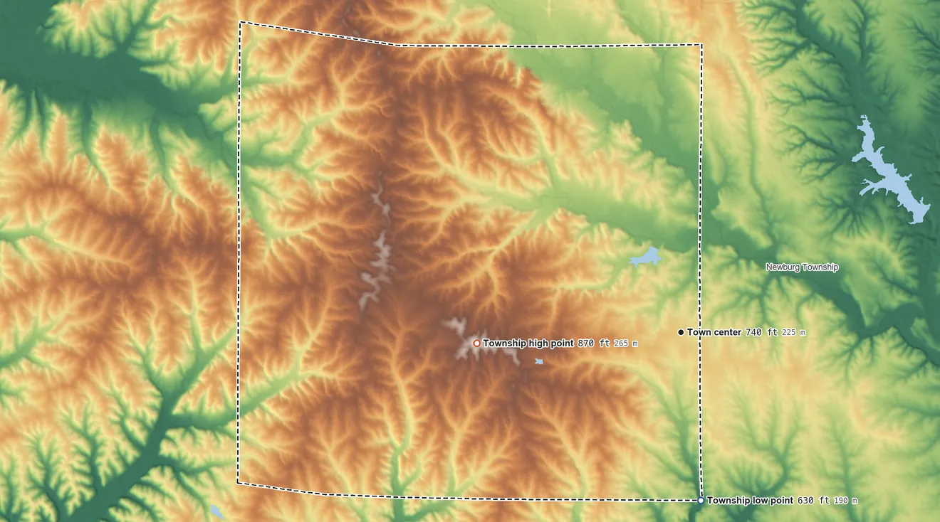 Topographic elevation map of Pittsfield Township, Illinois, shaded from 630 ft on the south side to 870 ft on the west side