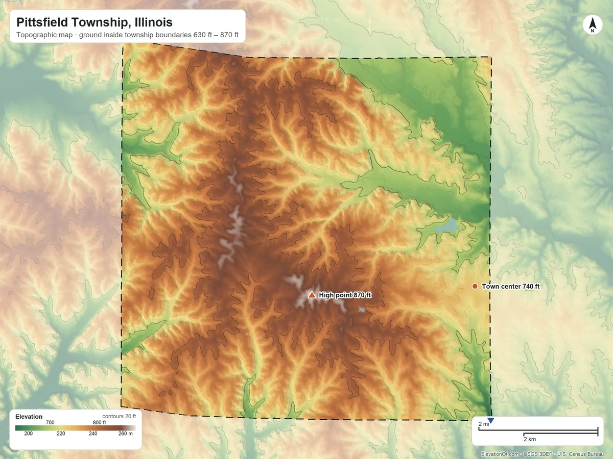 Topographic elevation map of Pittsfield Township, Illinois, shaded from 630 ft on the south side to 870 ft on the west side