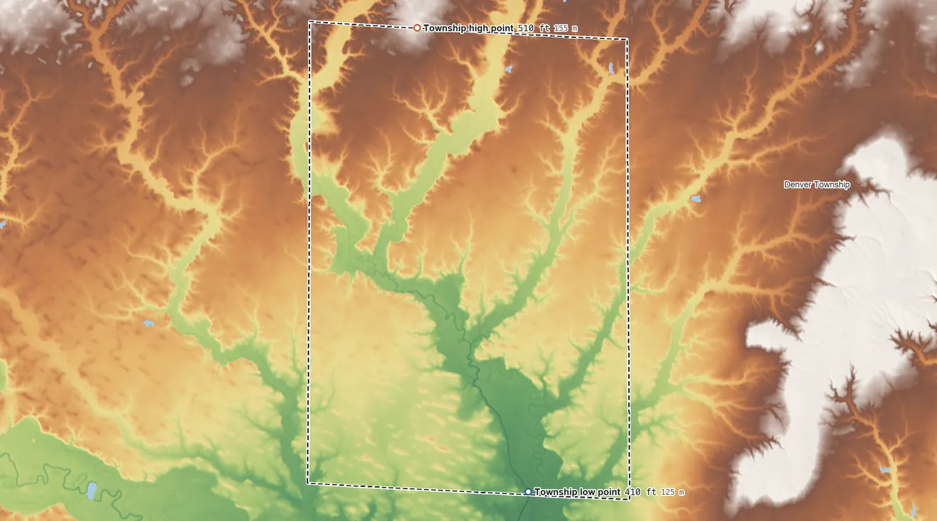 Topographic elevation map of Pixley Township, Illinois, shaded from 410 ft on the south side to 510 ft on the north side