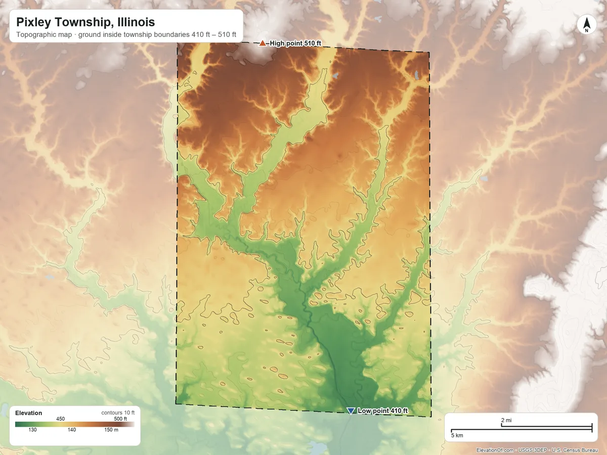 Topographic elevation map of Pixley Township, Illinois, shaded from 410 ft on the south side to 510 ft on the north side