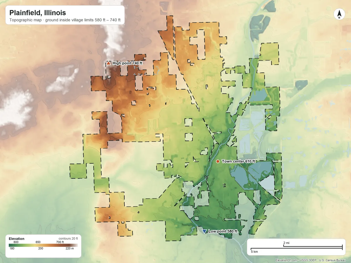 Topographic elevation map of Plainfield, Illinois, shaded from 580 ft on the south side to 740 ft on the northwest side