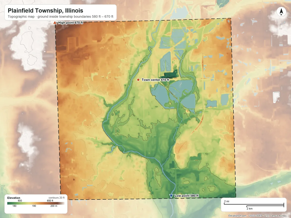 Topographic elevation map of Plainfield Township, Illinois, shaded from 580 ft on the south side to 670 ft on the northwest side