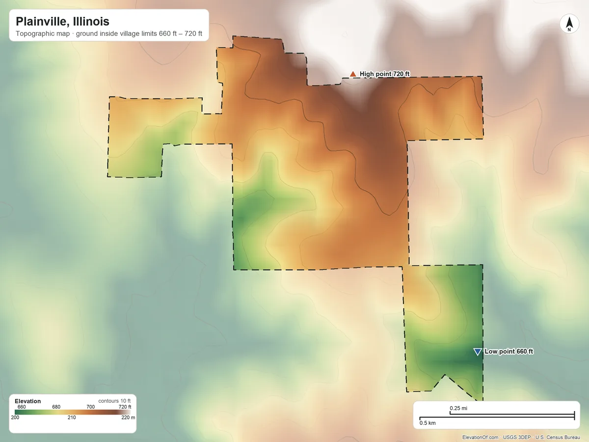 Topographic elevation map of Plainville, Illinois, shaded from 660 ft on the southeast side to 720 ft on the northeast side