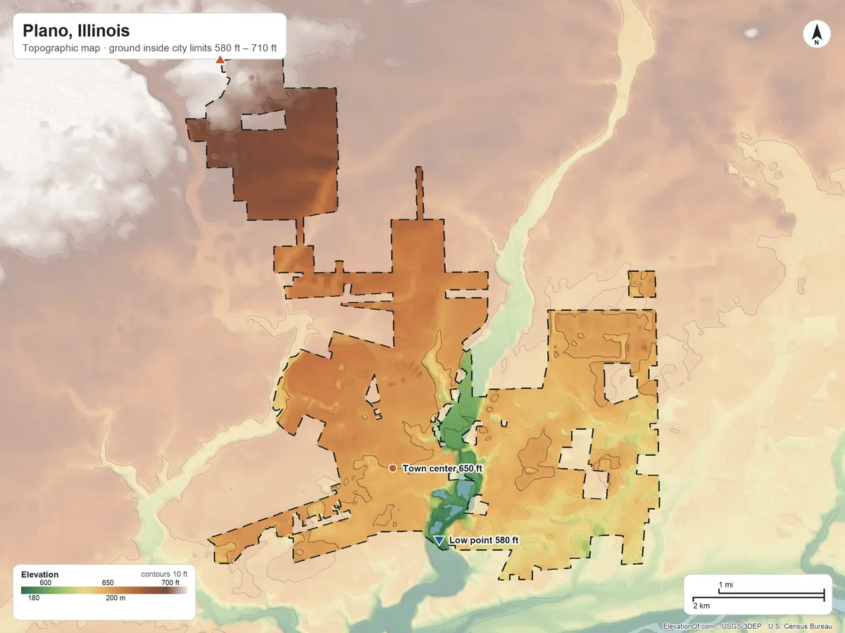 Topographic elevation map of Plano, Illinois, shaded from 580 ft on the southeast side to 710 ft on the northwest side