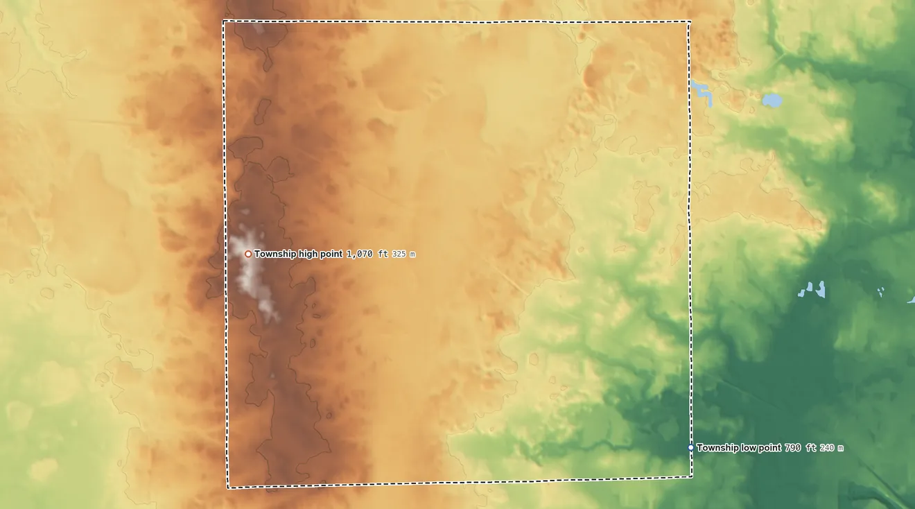 Topographic elevation map of Plato Township, Illinois, shaded from 790 ft on the southeast side to 1,070 ft on the west side
