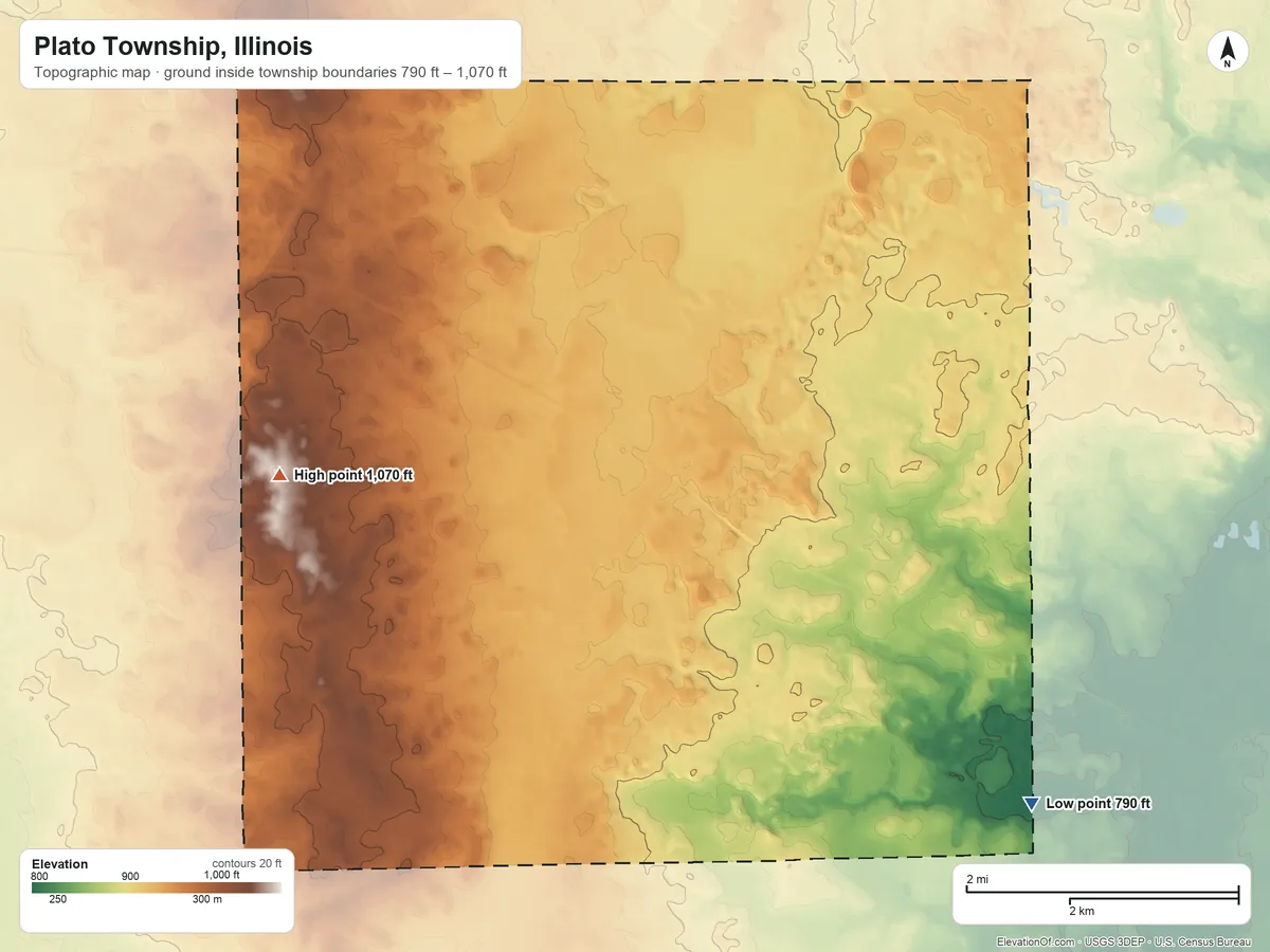 Topographic elevation map of Plato Township, Illinois, shaded from 790 ft on the southeast side to 1,070 ft on the west side
