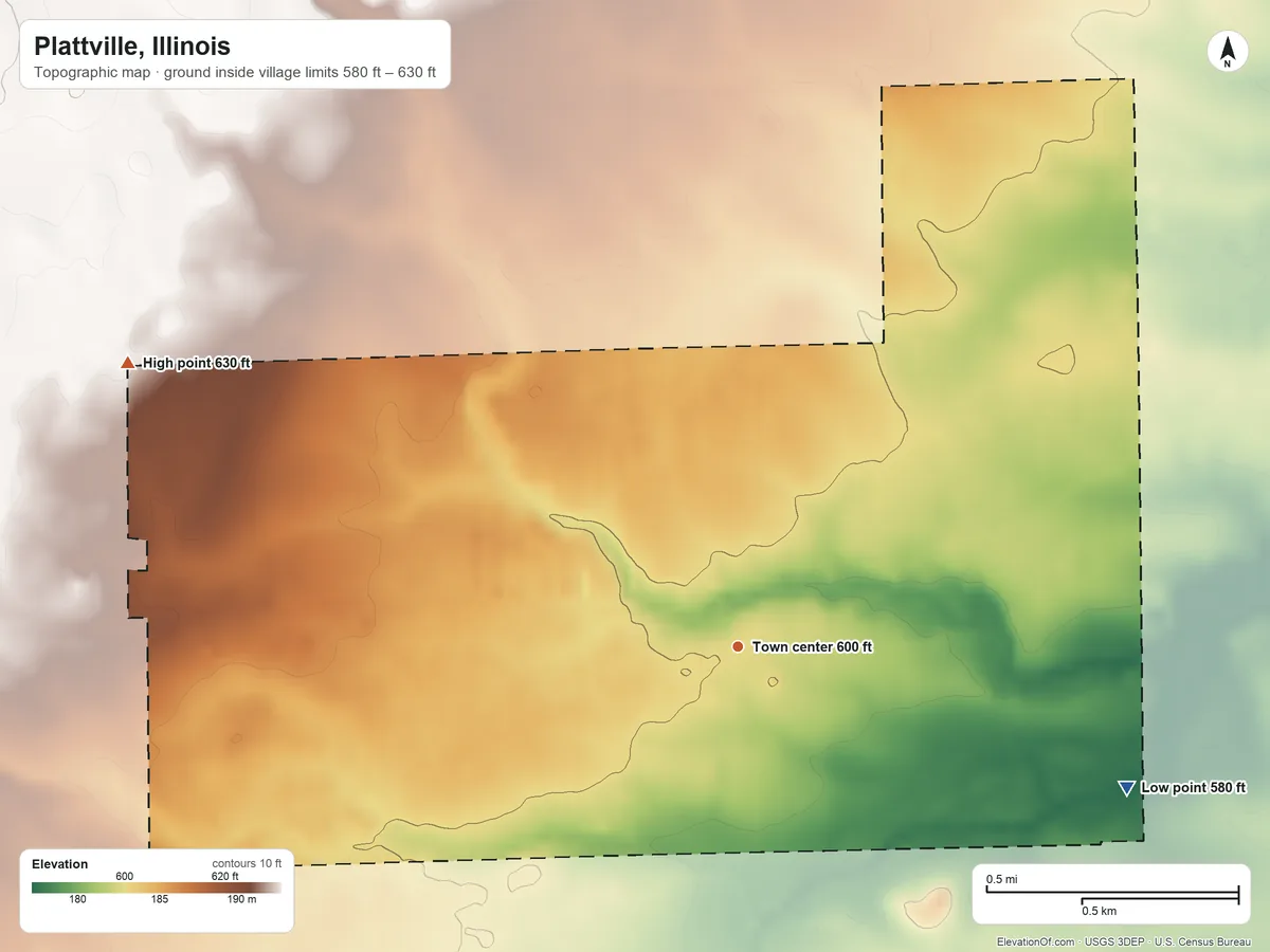 Topographic elevation map of Plattville, Illinois, shaded from 580 ft on the east side to 630 ft on the northwest side