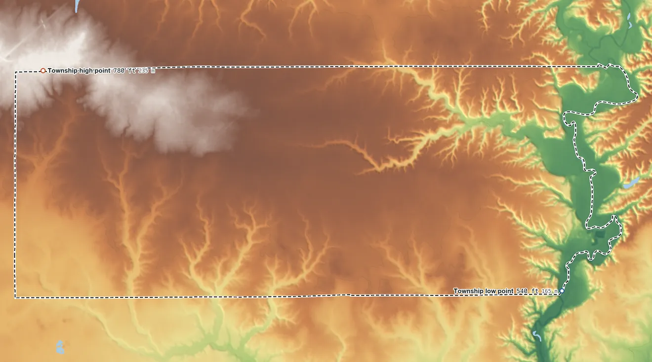 Topographic elevation map of Pleasant Grove Township, Illinois, shaded from 540 ft on the east side to 780 ft on the northwest side
