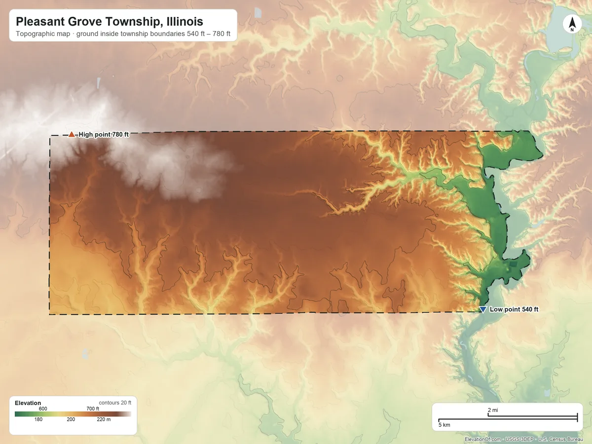 Topographic elevation map of Pleasant Grove Township, Illinois, shaded from 540 ft on the east side to 780 ft on the northwest side