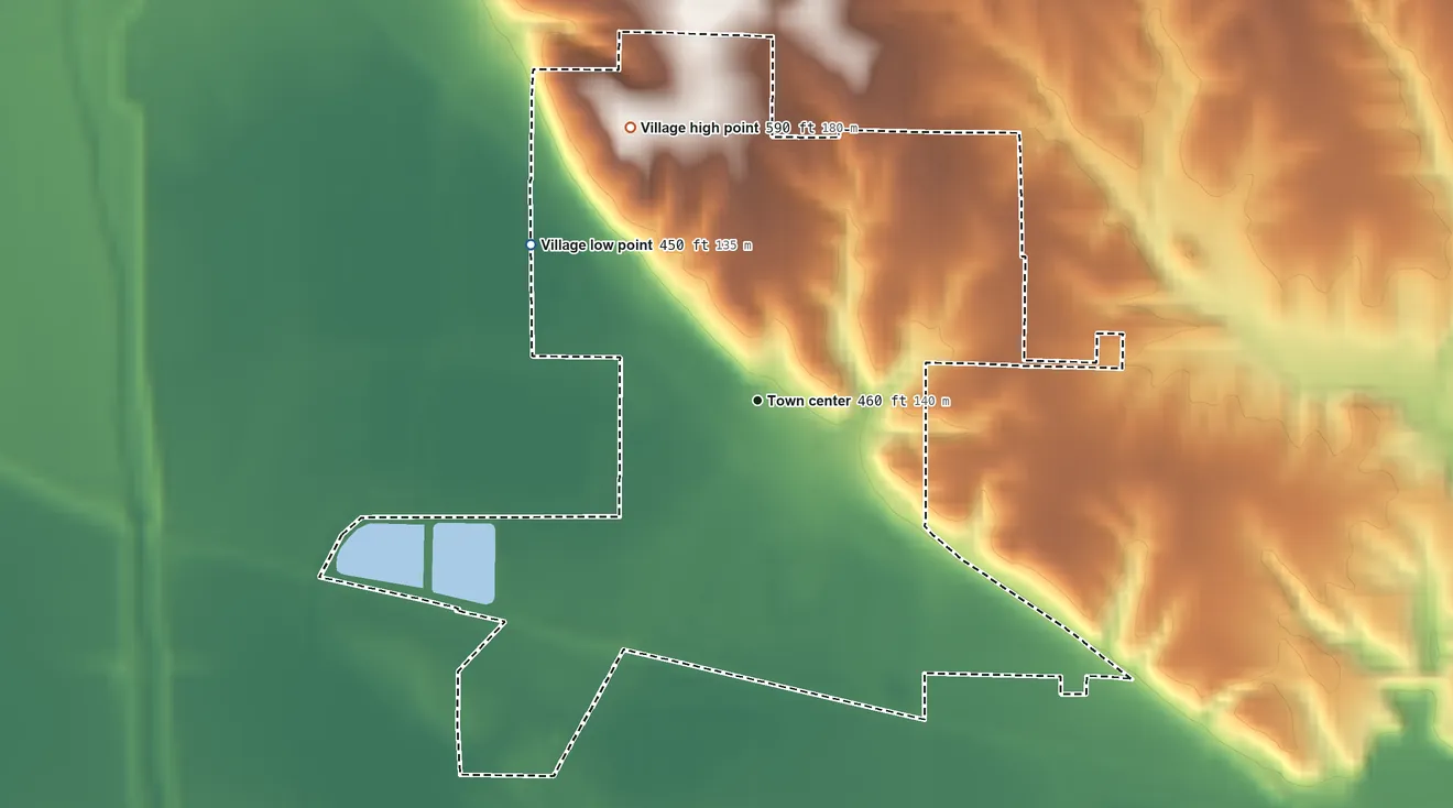 Topographic elevation map of Pleasant Hill, Illinois, shaded from 450 ft on the northwest side to 590 ft on the northwest side