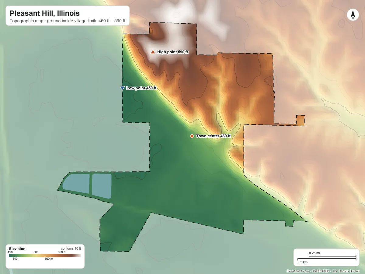 Topographic elevation map of Pleasant Hill, Illinois, shaded from 450 ft on the northwest side to 590 ft on the northwest side