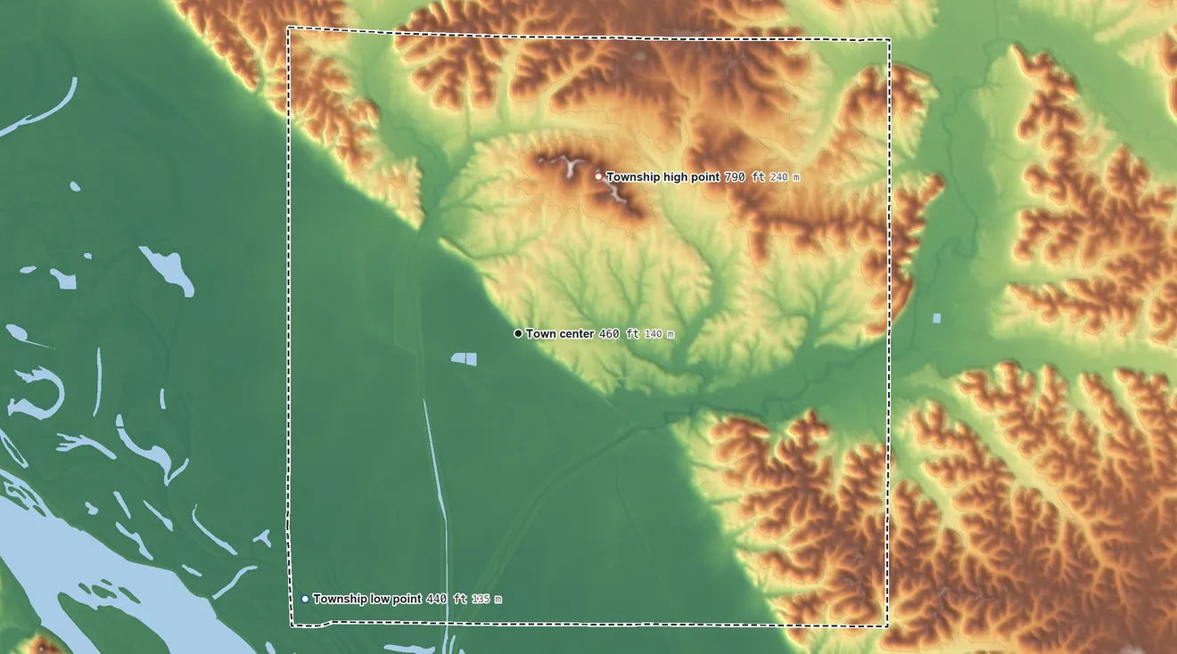 Topographic elevation map of Pleasant Hill Township, Illinois, shaded from 440 ft on the southwest side to 790 ft on the northeast side