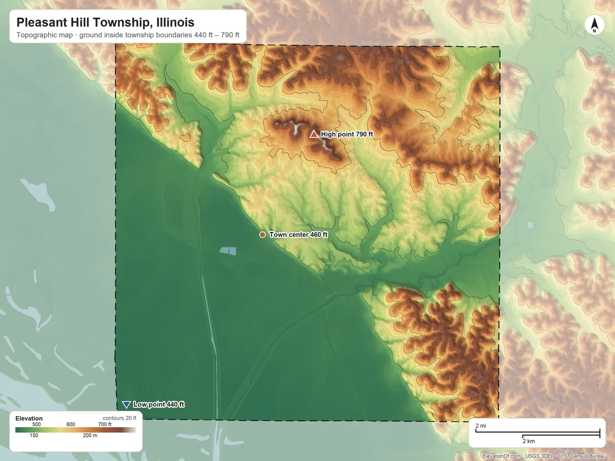 Topographic elevation map of Pleasant Hill Township, Illinois, shaded from 440 ft on the southwest side to 790 ft on the northeast side
