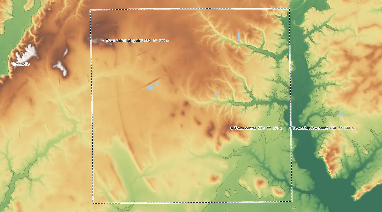 Topographic elevation map of Pleasant Mound Township, Illinois, shaded from 460 ft on the east side to 630 ft on the northwest side