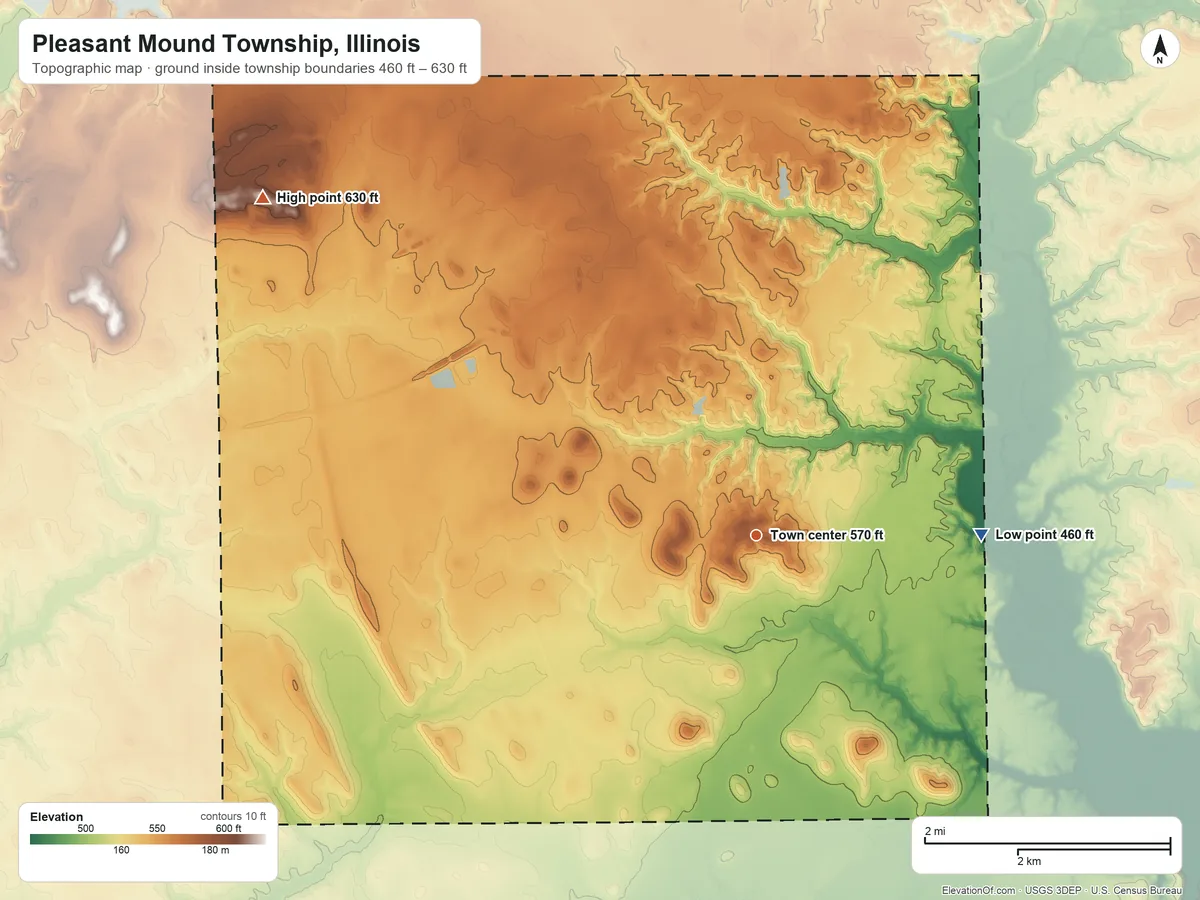Topographic elevation map of Pleasant Mound Township, Illinois, shaded from 460 ft on the east side to 630 ft on the northwest side