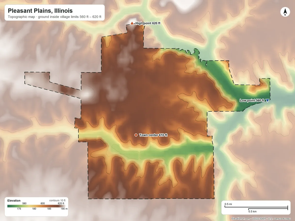 Topographic elevation map of Pleasant Plains, Illinois, shaded from 560 ft on the east side to 620 ft on the north side