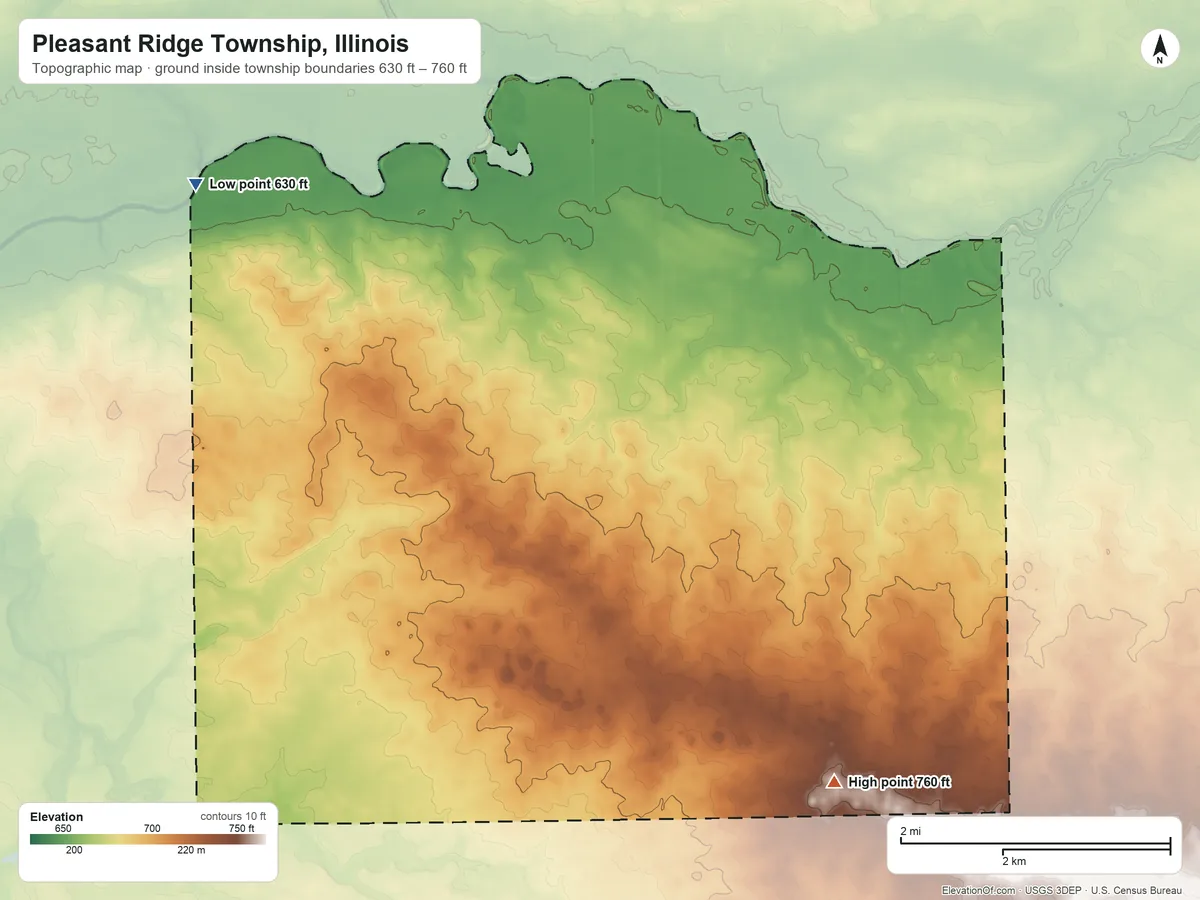 Topographic elevation map of Pleasant Ridge Township, Illinois, shaded from 630 ft on the northwest side to 760 ft on the southeast side