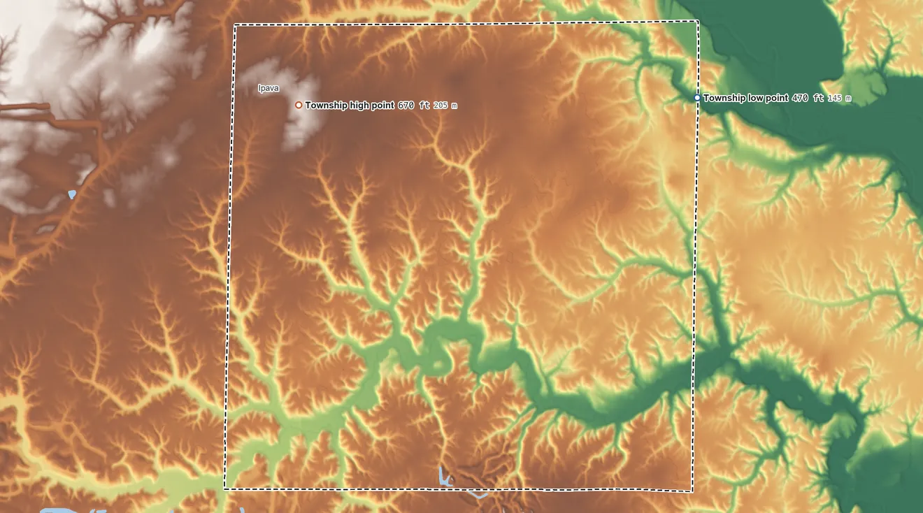 Topographic elevation map of Pleasant Township, Illinois, shaded from 470 ft on the east side to 670 ft near the middle