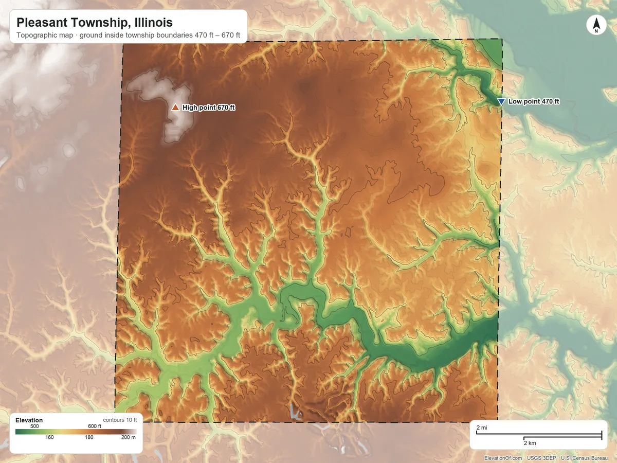 Topographic elevation map of Pleasant Township, Illinois, shaded from 470 ft on the east side to 670 ft near the middle