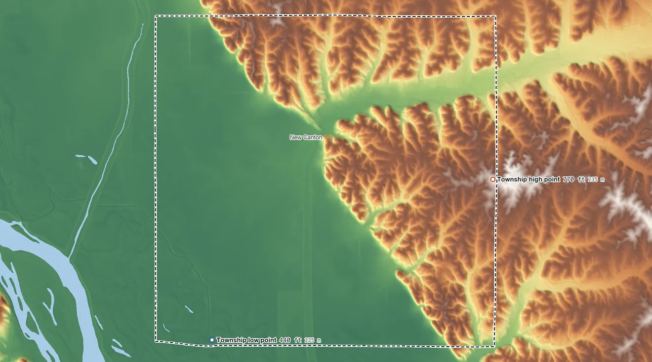 Topographic elevation map of Pleasant Vale Township, Illinois, shaded from 440 ft on the southwest side to 770 ft on the east side