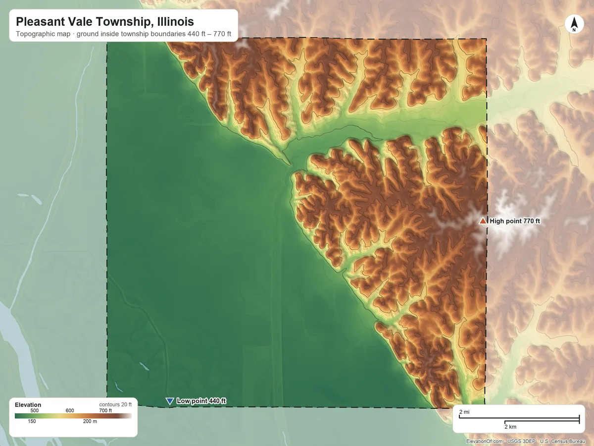 Topographic elevation map of Pleasant Vale Township, Illinois, shaded from 440 ft on the southwest side to 770 ft on the east side